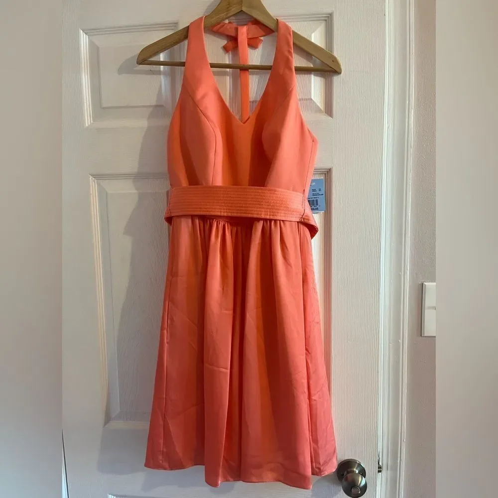 Vera Wang White Cocktail Halter Belted Mini Dress Coral Reef Size 4 Wedding Twee